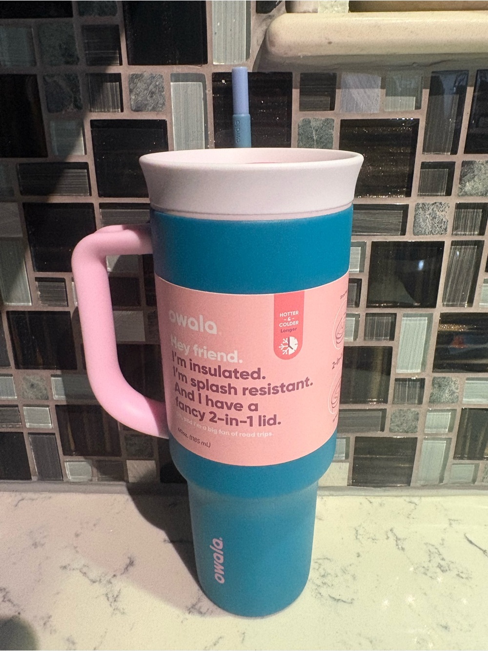Insulated Travel Mug in Teal with Pink Handle (tickle me teal)